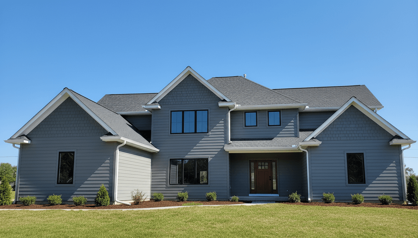 Renovated home with new siding, roof, and gutters under a clear blue sky