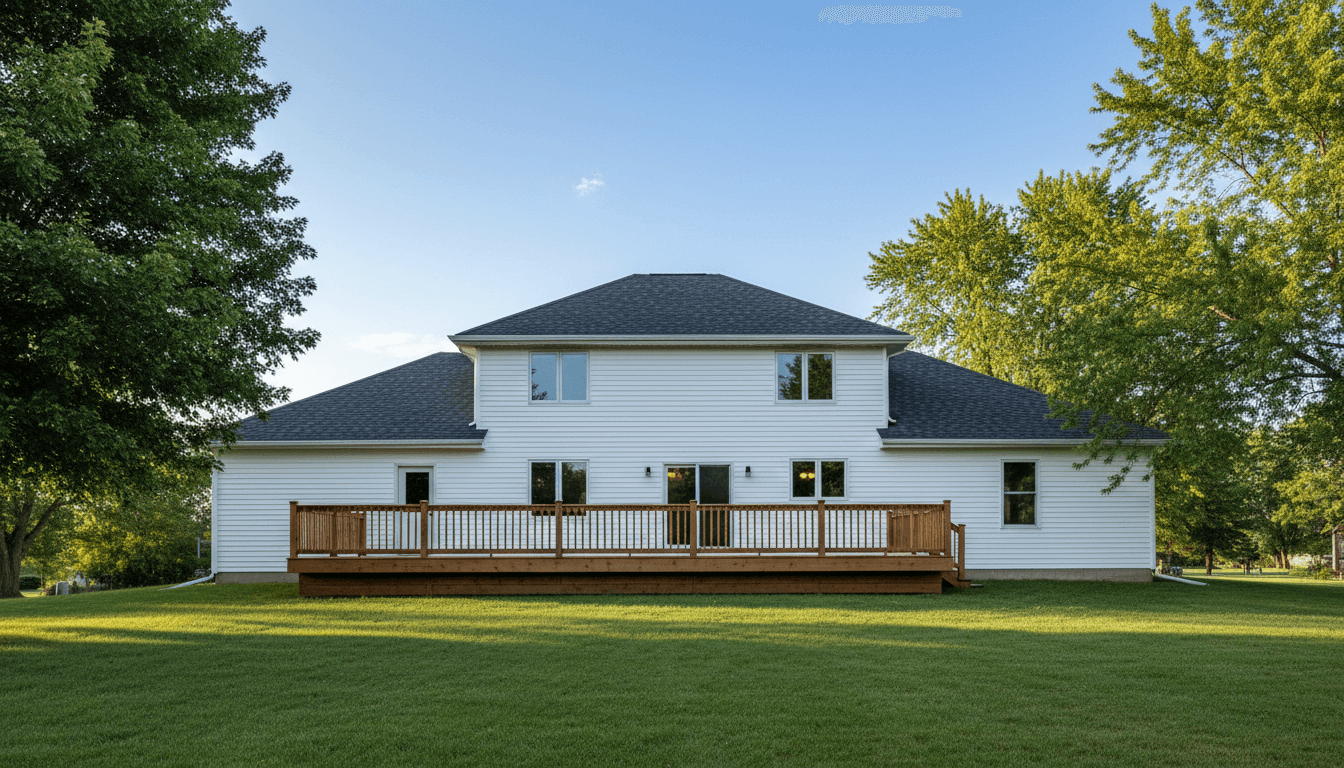 Completed Wisconsin home exterior with new siding, roof, gutters, and deck