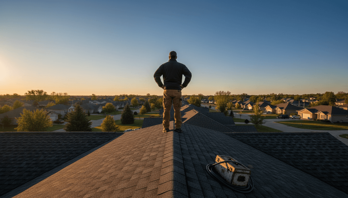 Contractor standing on a residential rooftop at sunset, surveying the neighborhood in Wisconsin