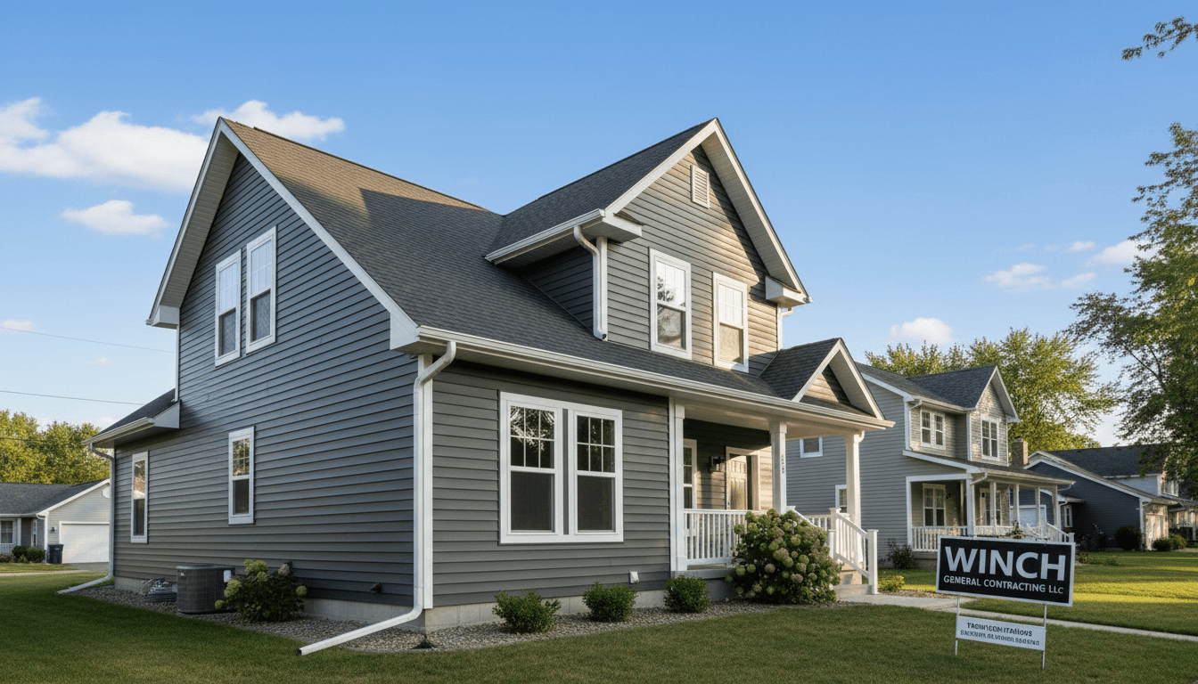 Wisconsin home with new siding and gutters, bright natural lighting, suburban setting