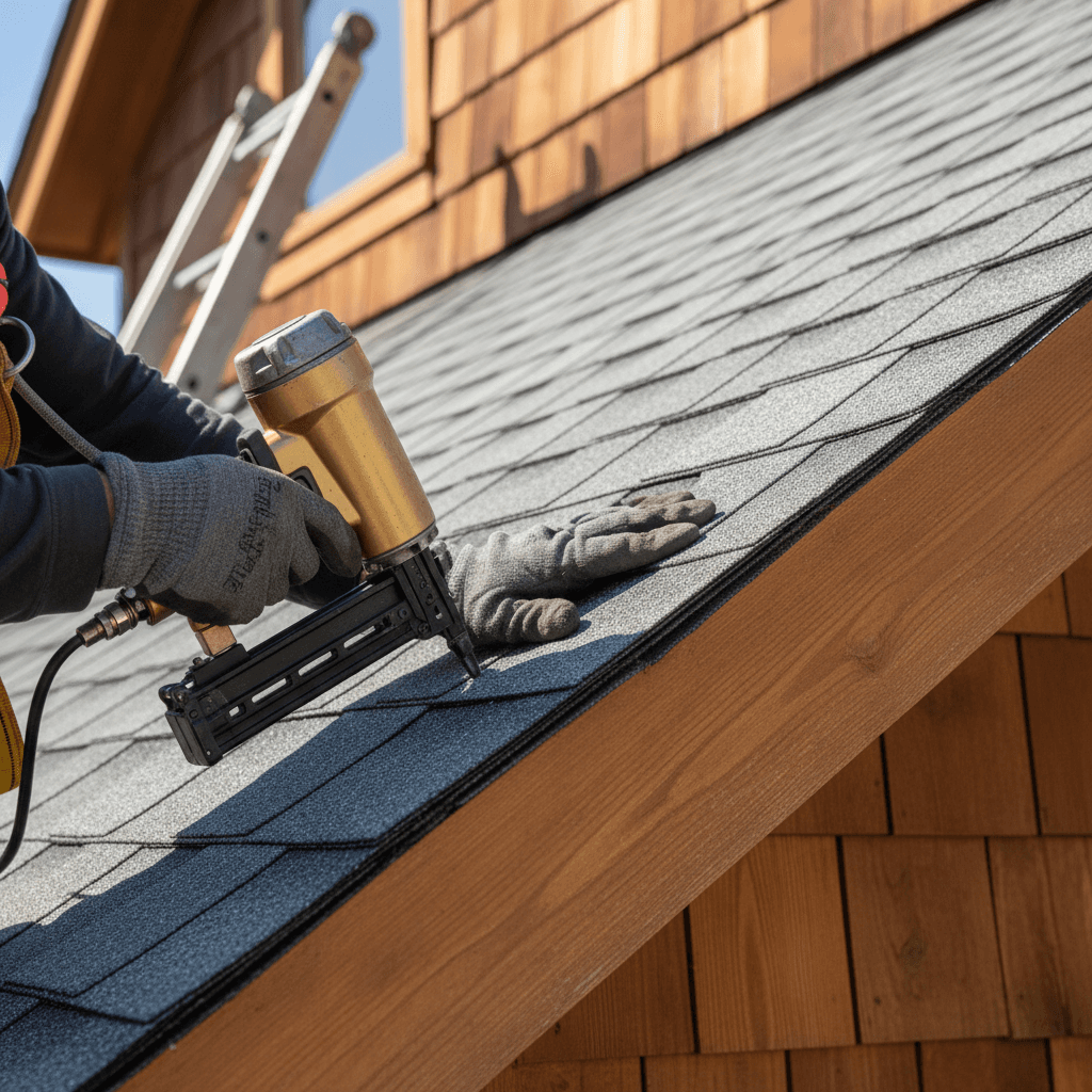 Roofer installing new asphalt shingles on a residential roof