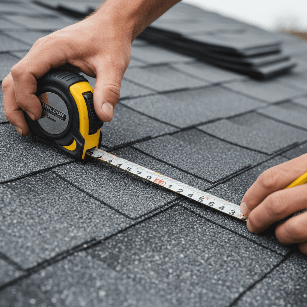 Contractor's hands precisely measuring and marking roof shingles with tape measure during installation