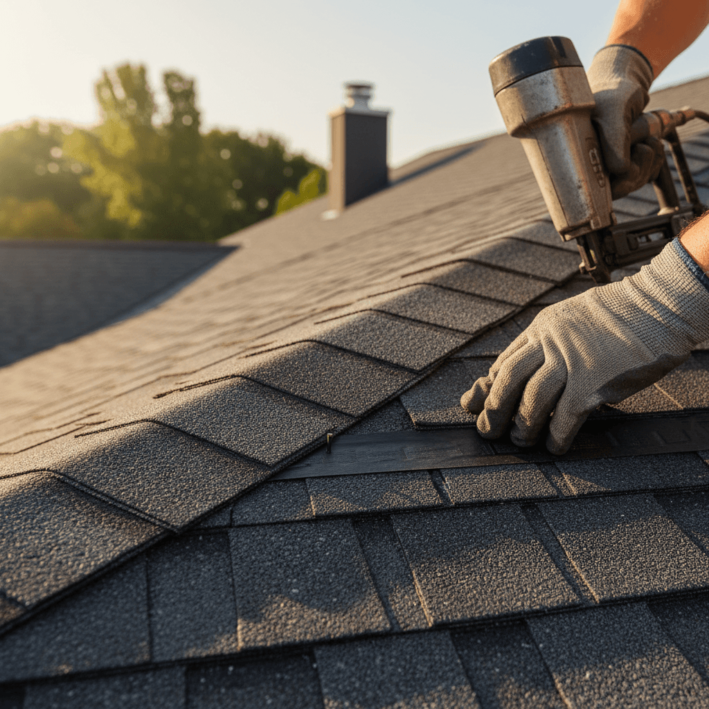 Close-up of freshly installed roof shingles with clean edges