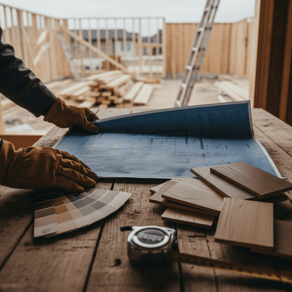 Contractor's hands holding a rolled blueprint in front of a house