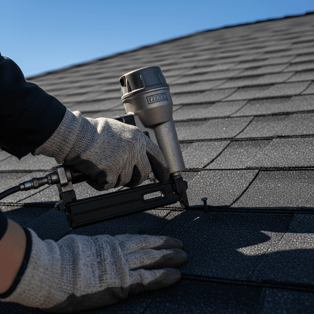Contractor nailing a new shingle onto a roof