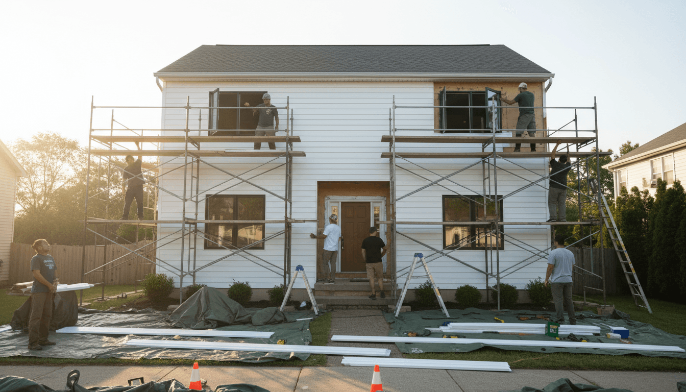 Construction crew installing new white vinyl siding and windows on two-story residential home with organized job site