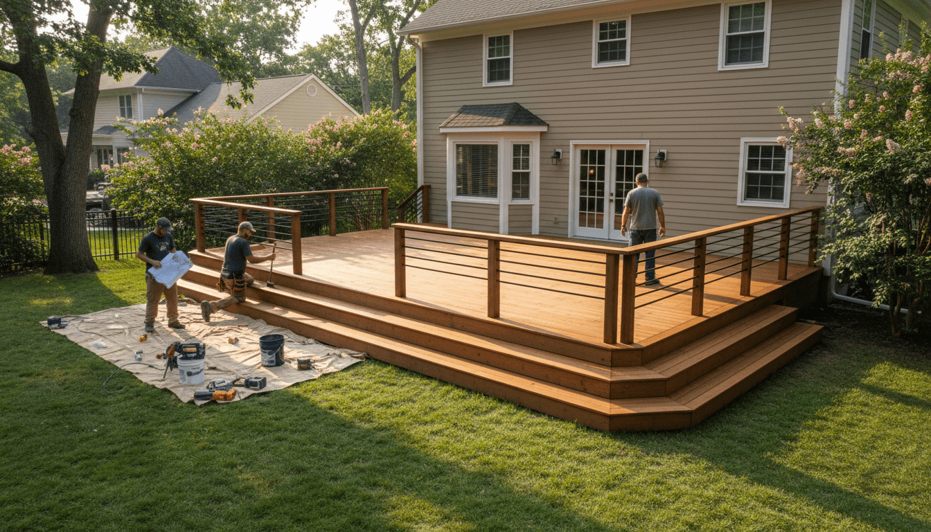 Custom wooden deck construction project with multiple contractors finishing work on residential backyard addition