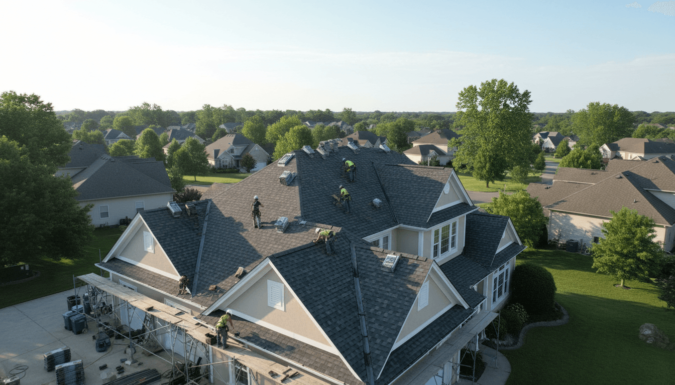 Professional roofing crew installing new dark shingles across entire residential home roof with safety equipment visible