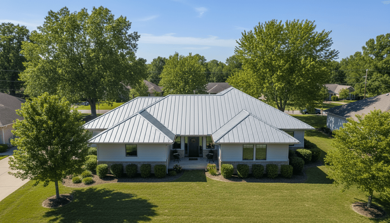 Aerial view of completed metal standing seam roof installation on residential home showing geometric panel patterns and quality craftsmanship