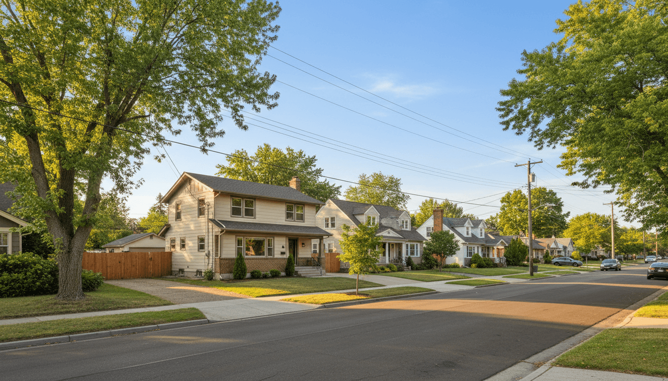 Suburban residential street with diverse single-family homes showing potential properties for secondary dwelling unit development
