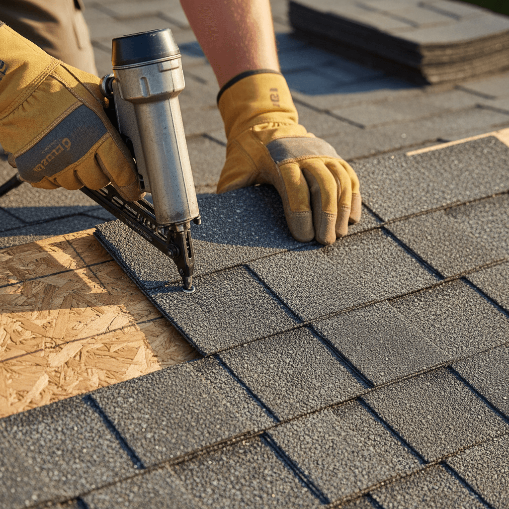 Stack of roof shingles and siding material on a driveway