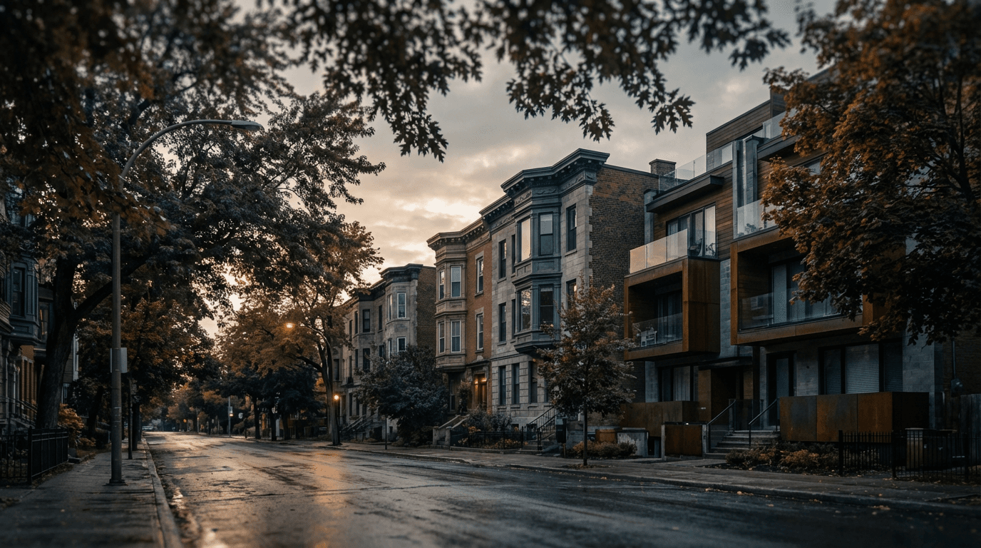 Moody dusk view of tree-lined urban residential street with classic and contemporary mid-rise apartment buildings.