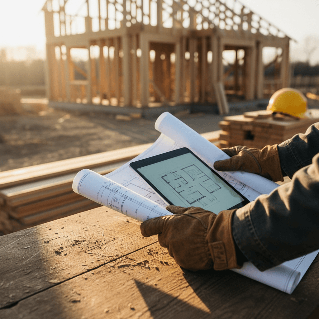 Contractor reviewing project details on a clipboard at a residential home