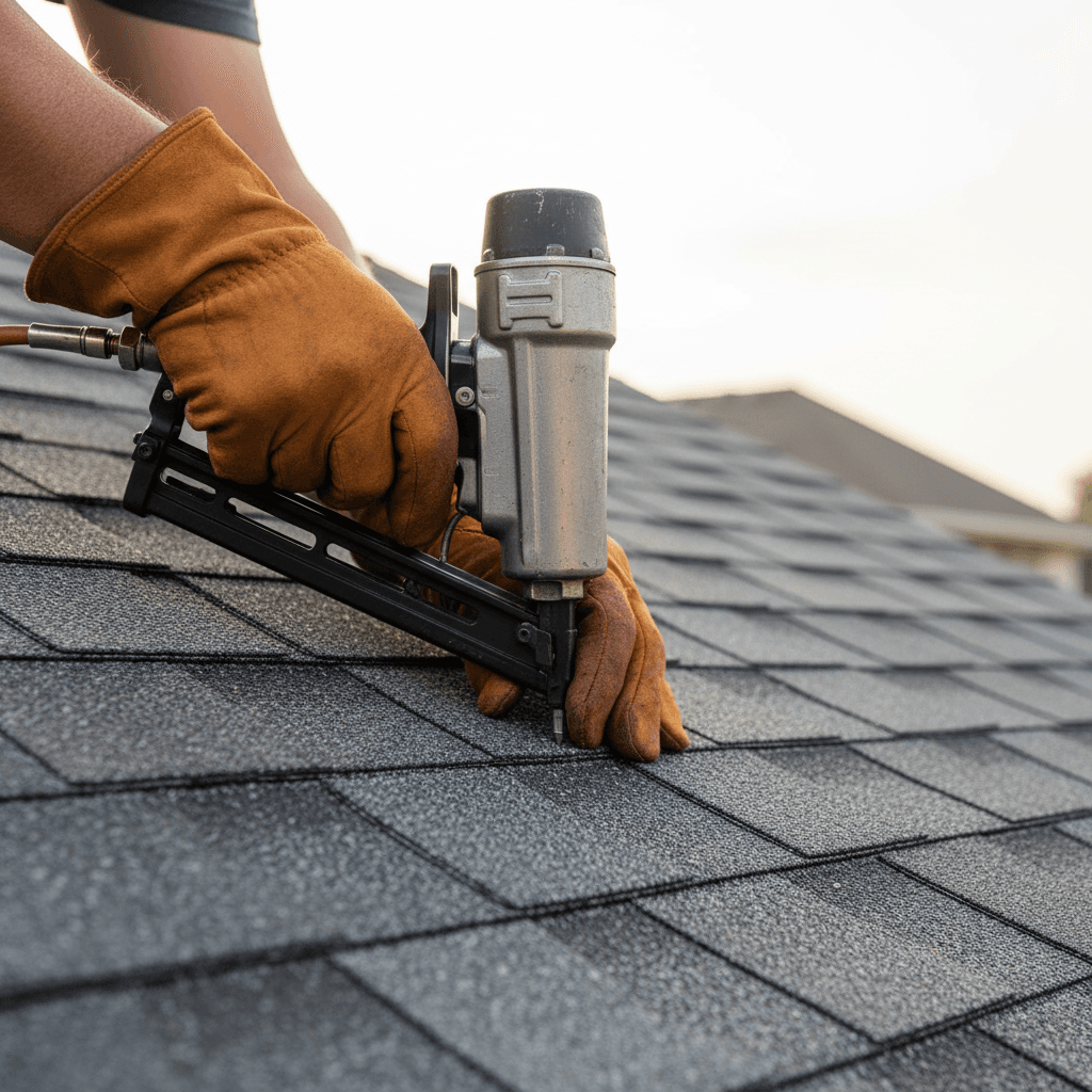 Contractor inspecting a residential roof in Wisconsin during late afternoon light