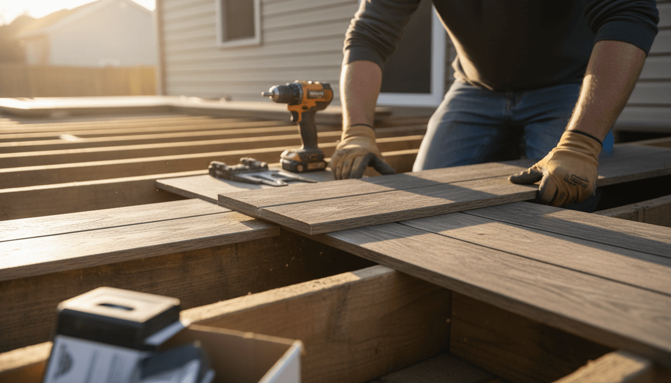 Newly built cedar deck with contractor checking railing